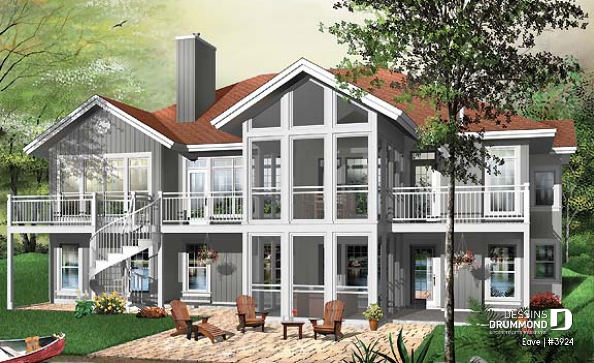 Vue arrière - MODÈLE DE BASE - Plan de chalet avec bachelor au sous-sol (invités ou location) total 5 chambres 4 s.bain, 3 foyers - Eave