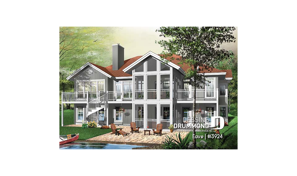 Vue arrière - MODÈLE DE BASE - Plan de chalet avec bachelor au sous-sol (invités ou location) total 5 chambres 4 s.bain, 3 foyers - Eave