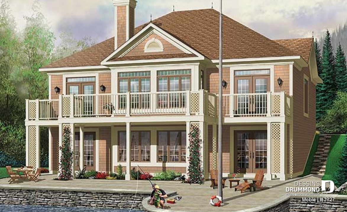 Vue arrière - MODÈLE DE BASE - Maison genre chalet, belle vue panoramique, 3 chambres, plafond 9', foyer mitoyen - Moble