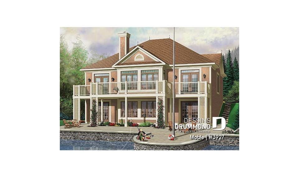 Vue arrière - MODÈLE DE BASE - Maison genre chalet, belle vue panoramique, 3 chambres, plafond 9', foyer mitoyen - Moble