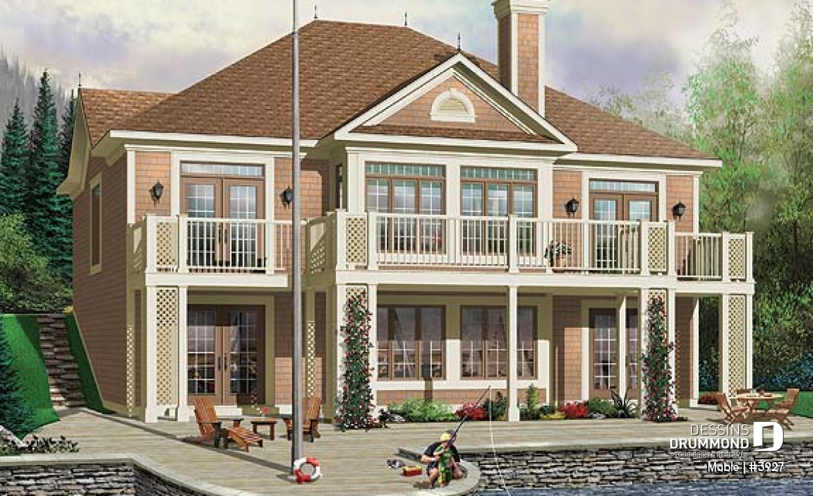 Vue arrière - MODÈLE DE BASE - Maison genre chalet, belle vue panoramique, 3 chambres, plafond 9', foyer mitoyen - Moble