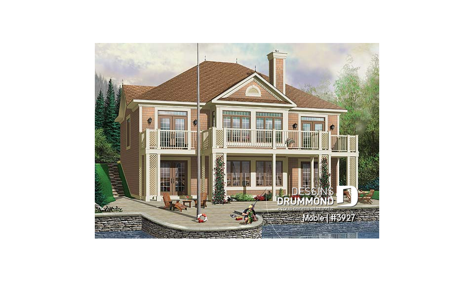 Vue arrière - MODÈLE DE BASE - Maison genre chalet, belle vue panoramique, 3 chambres, plafond 9', foyer mitoyen - Moble