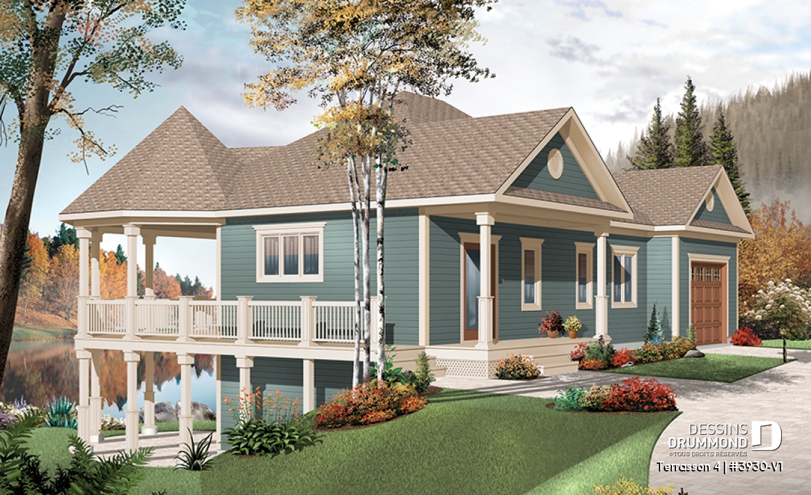 Vue avant - MODÈLE DE BASE - Plan de chalet avec grande terrasse, 2 garages, 2 salons, 3 chambres, chambre des maîtres au r-d-c - Terrasson 4