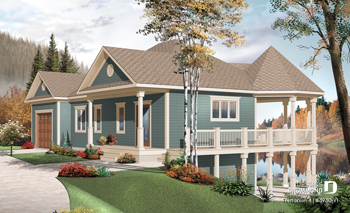 Vue avant - MODÈLE DE BASE - Plan de chalet avec grande terrasse, 2 garages, 2 salons, 3 chambres, chambre des maîtres au r-d-c - Terrasson 4