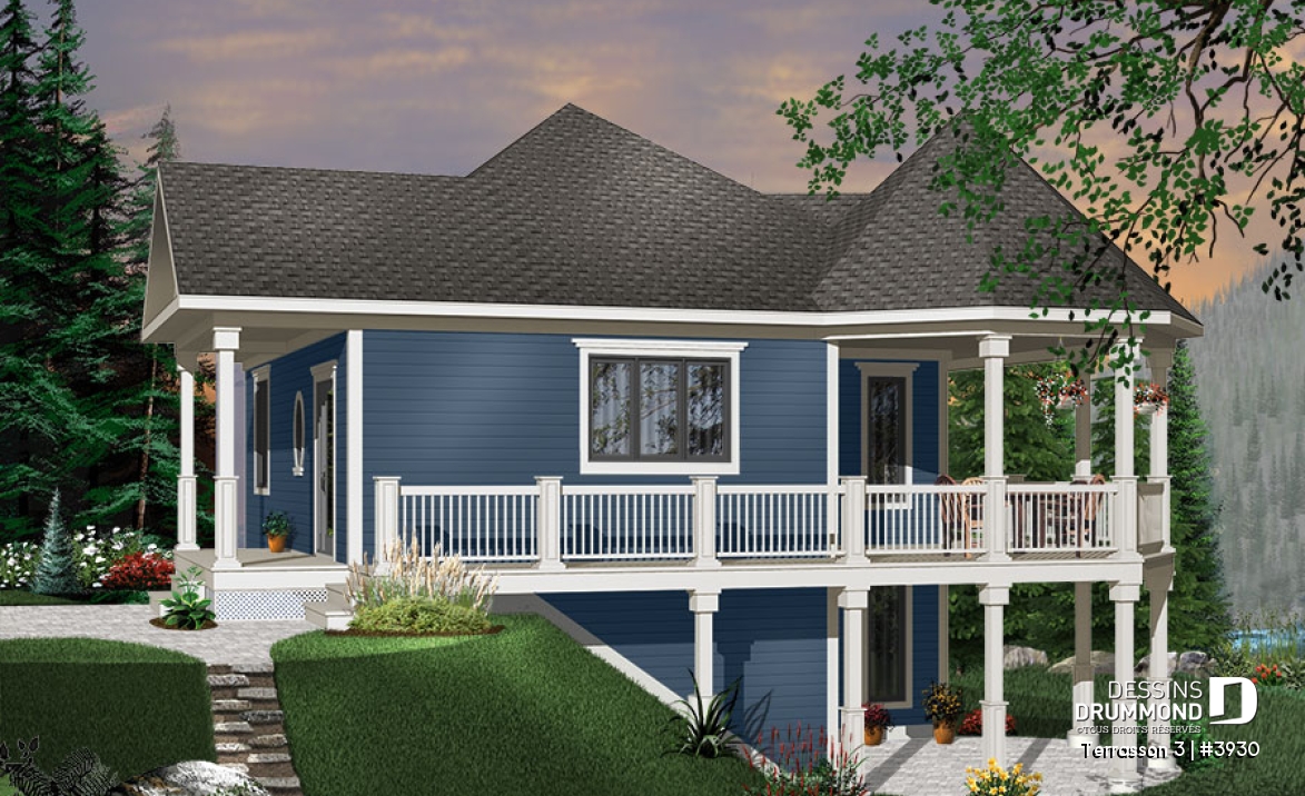 Vue avant - MODÈLE DE BASE - Plan de maison genre chalet avec grande terrasse couverte, 3 chambres, plafond 9', grand salon,  - Terrasson 3