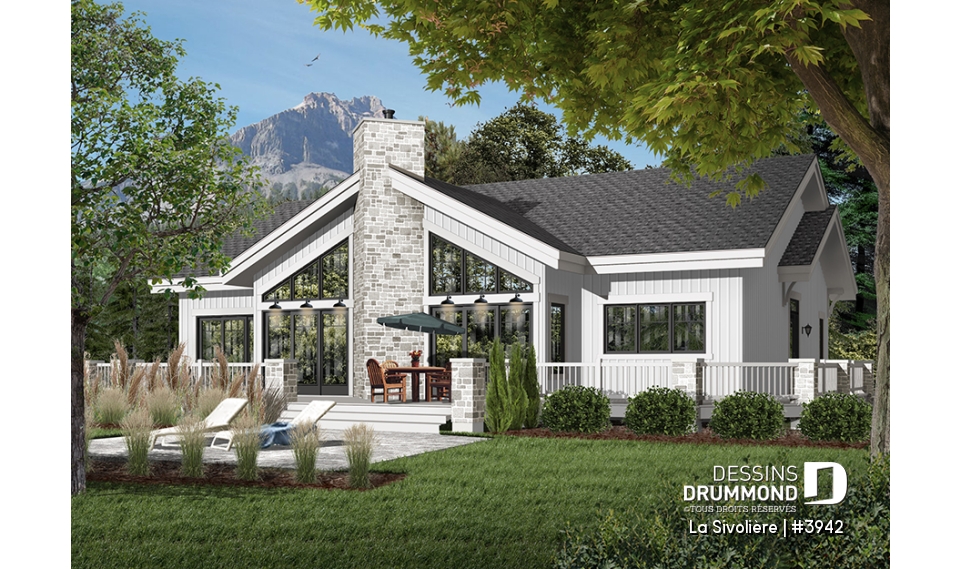 Vue arrière - MODÈLE DE BASE - Plan de maison ou chalet 4 chambres, 3 s.d.b., belle fenestration, foyer central, grande cuisine, vestiaire - La Sivolière