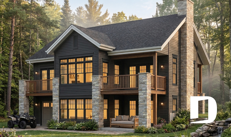 Vue arrière - MODÈLE DE BASE - Plan de chalet de style nordique avec garag, 2-4 chambres, sous-sol rez-de-jardin aménagé et deux balcons - Gordon