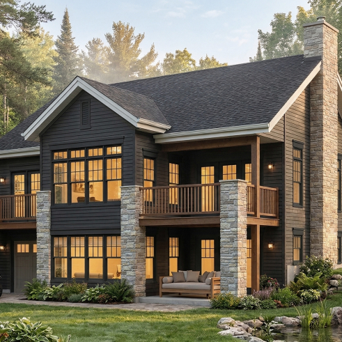 Vue arrière - MODÈLE DE BASE - Plan de plain-pied avec rez-de-jardin, belle lumière naturelle, grande terrasse - Gordon