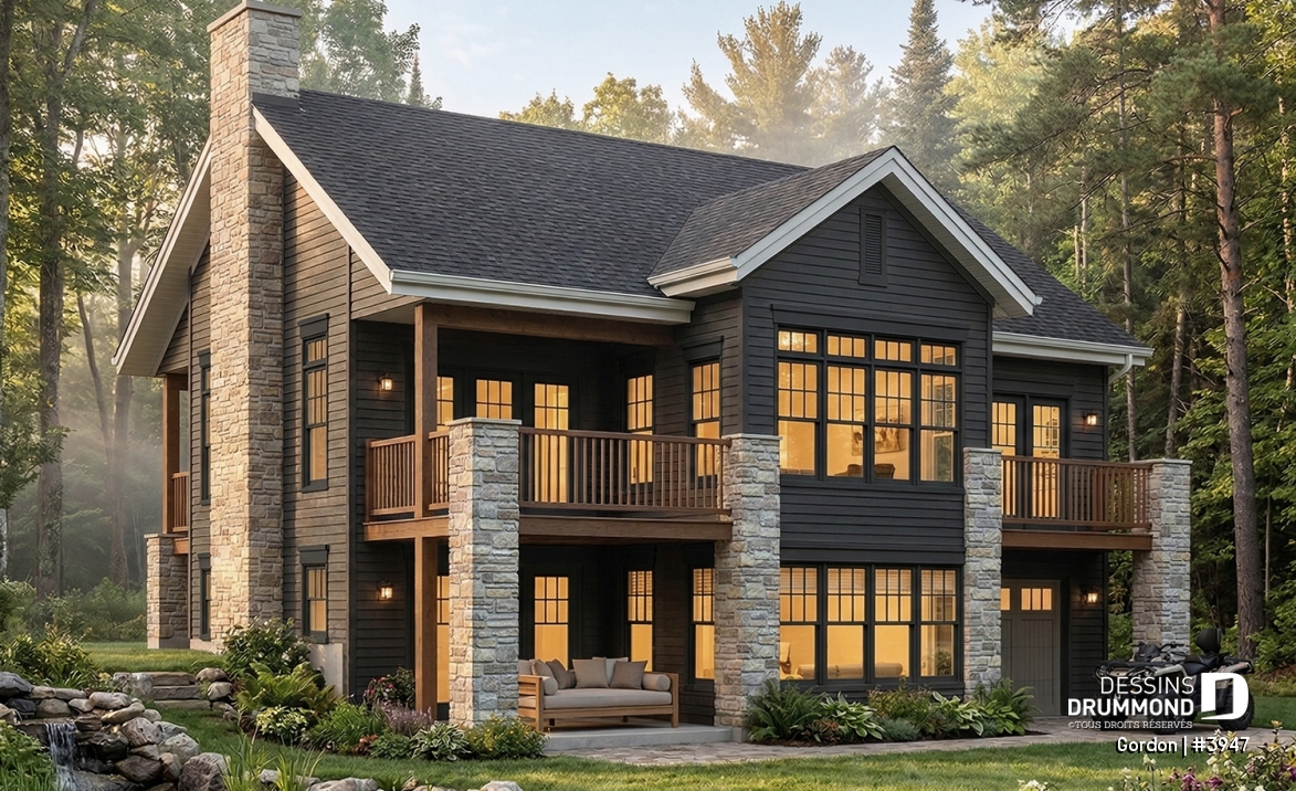 Vue arrière - MODÈLE DE BASE - Plan de plain-pied avec rez-de-jardin, belle lumière naturelle, grande terrasse - Gordon
