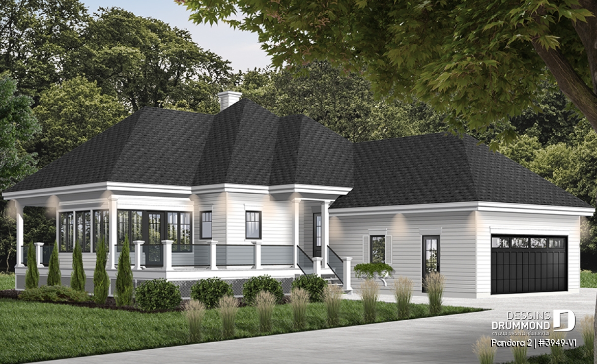 Vue avant - MODÈLE DE BASE - Plan de chalet 2 chambres, garage double, terasse et abri moustiquaire, 2 salles de bain, buanderie au r-d-c - Pandora 2