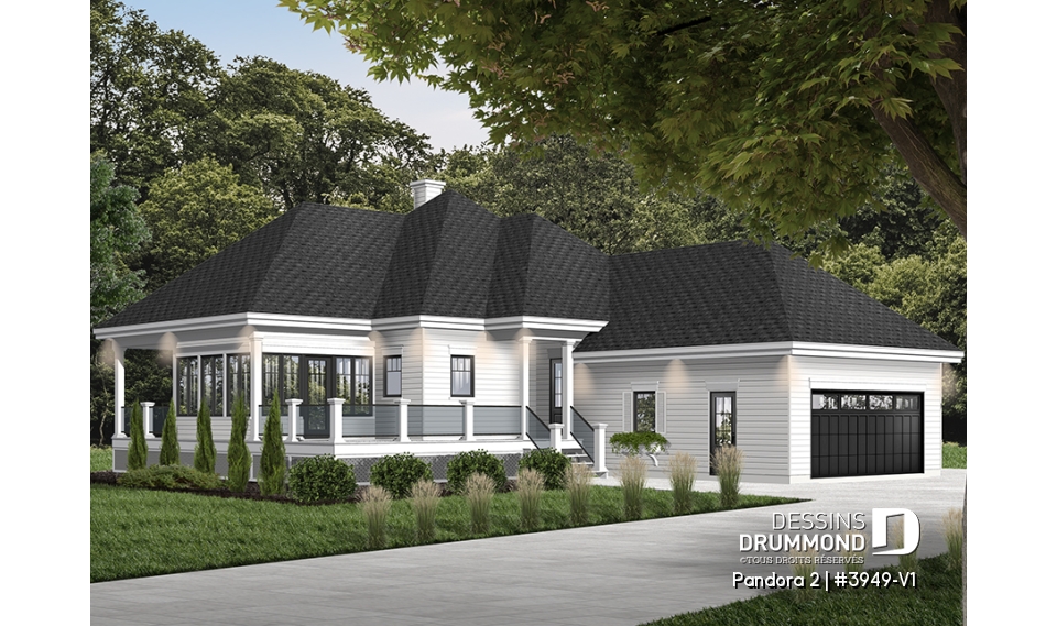 Vue avant - MODÈLE DE BASE - Plan de chalet 2 chambres, garage double, terasse et abri moustiquaire, 2 salles de bain, buanderie au r-d-c - Pandora 2