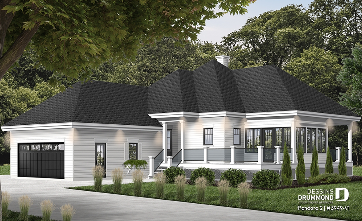 Vue avant - MODÈLE DE BASE - Plan de chalet 2 chambres, garage double, terasse et abri moustiquaire, 2 salles de bain, buanderie au r-d-c - Pandora 2