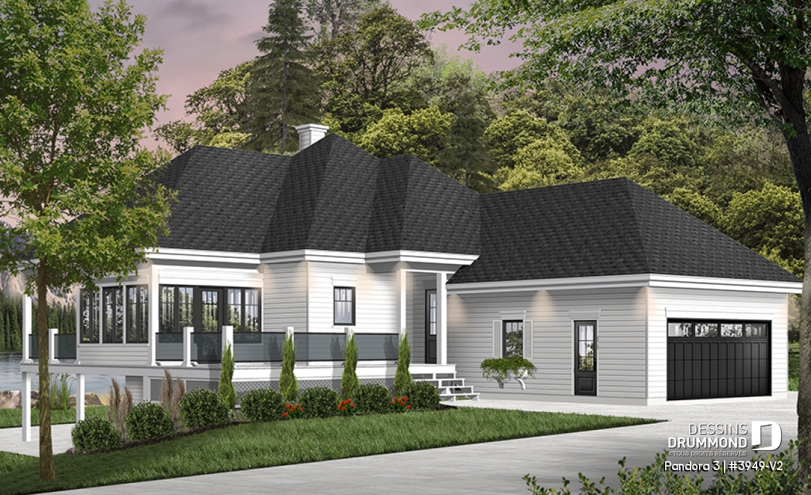 Vue avant - MODÈLE DE BASE - Plan de plain-pied en rez-de-jardin, 4 chambres, salle de jeux, foyer, suite des parents, garage double - Pandora 3