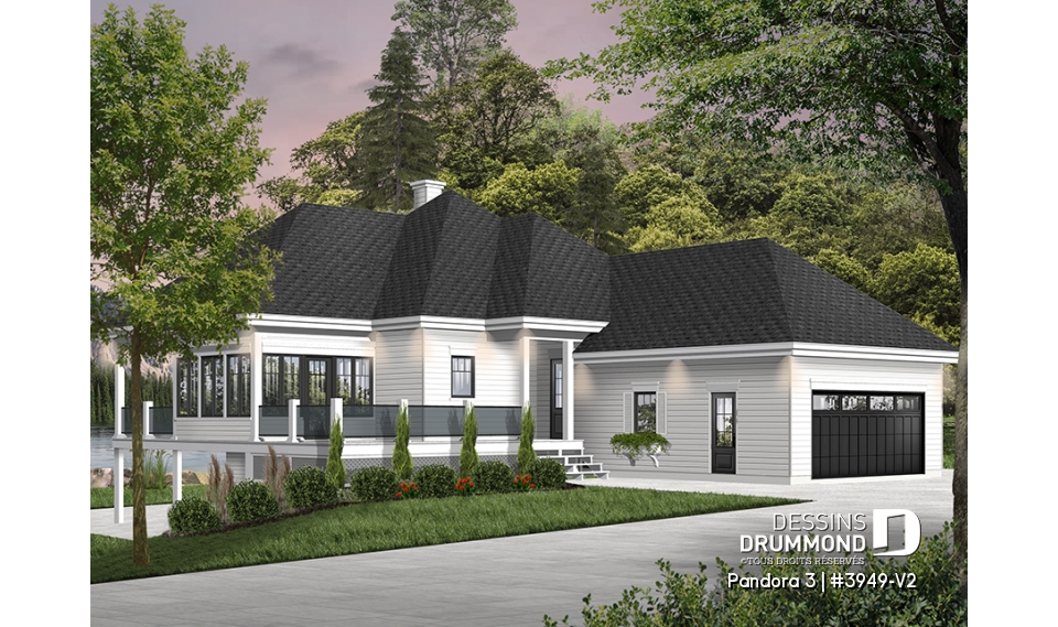 Vue avant - MODÈLE DE BASE - Plan de plain-pied en rez-de-jardin, 4 chambres, salle de jeux, foyer, suite des parents, garage double - Pandora 3