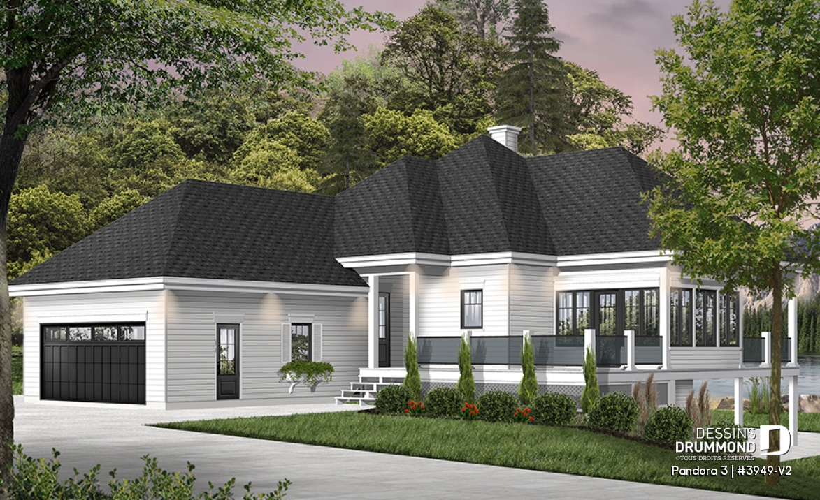 Vue avant - MODÈLE DE BASE - Plan de plain-pied en rez-de-jardin, 4 chambres, salle de jeux, foyer, suite des parents, garage double - Pandora 3