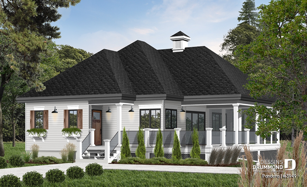 Vue avant - MODÈLE DE BASE - Plan de chalet une chambre, plafond 9', grande terrasse et abri moustiquaire, sous-sol à aménager, foyer - Pandora