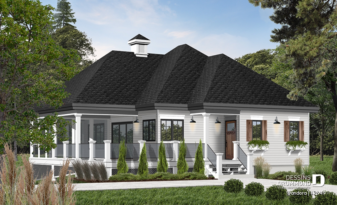 Vue avant - MODÈLE DE BASE - Plan de chalet une chambre, plafond 9', grande terrasse et abri moustiquaire, sous-sol à aménager, foyer - Pandora