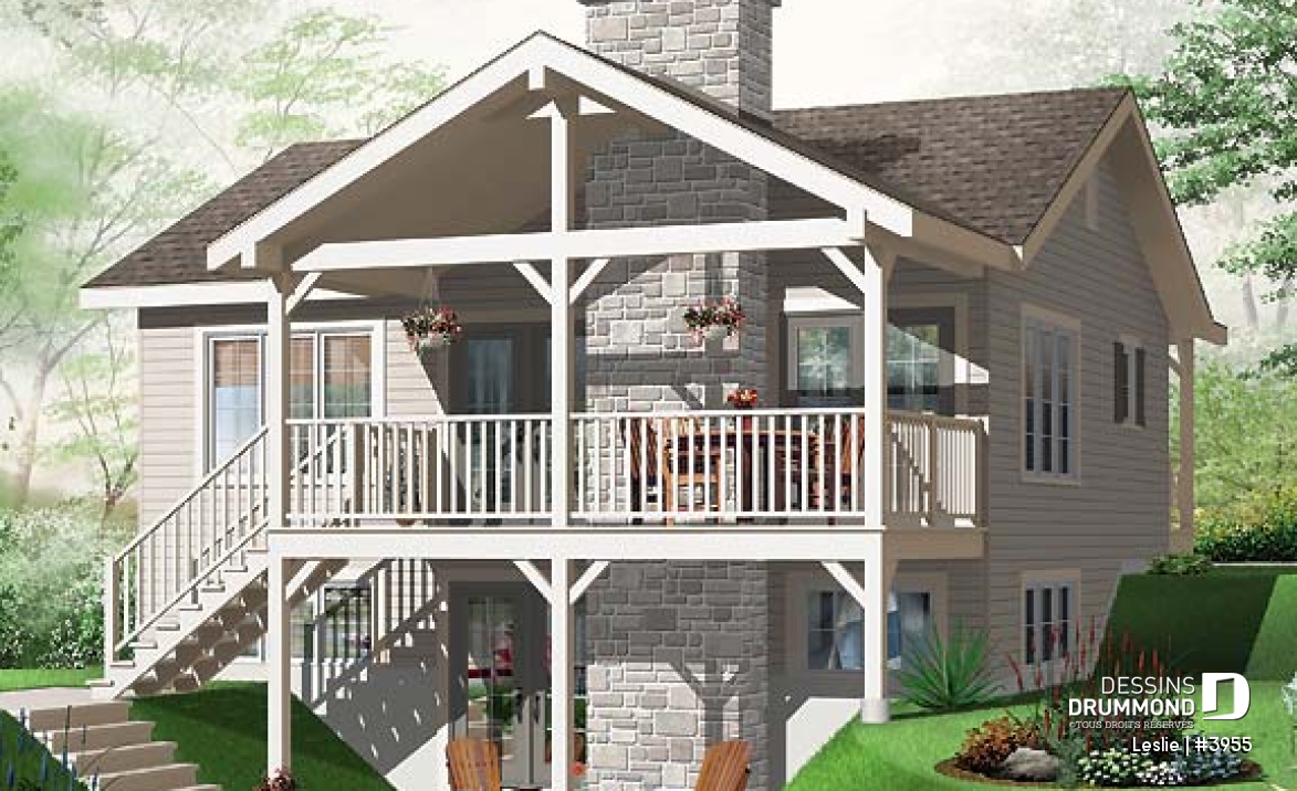 Vue arrière - MODÈLE DE BASE - Plan style chalet au bord de l'eau, 1 à 3+ chambres, foyer(s), 2 salles de séjour, balcon couvert - Leslie