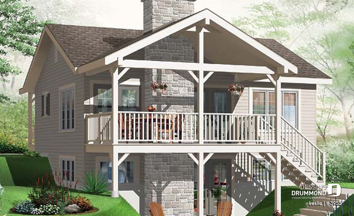 Vue arrière - MODÈLE DE BASE - Plan style chalet au bord de l'eau, 1 à 3+ chambres, foyer(s), 2 salles de séjour, balcon couvert - Leslie