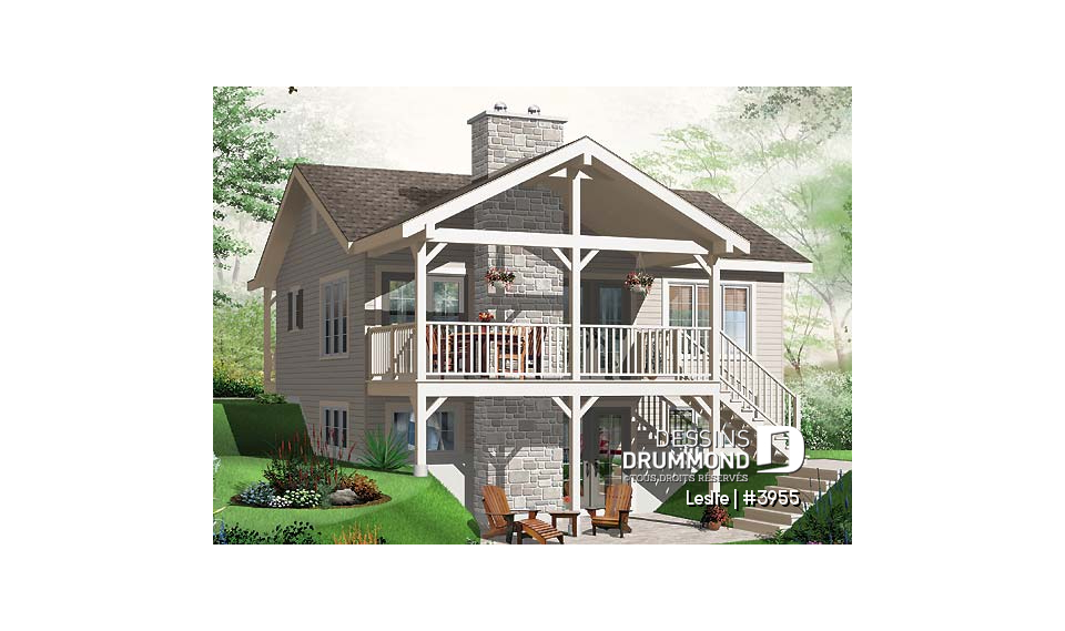 Vue arrière - MODÈLE DE BASE - Plan style chalet au bord de l'eau, 1 à 3+ chambres, foyer(s), 2 salles de séjour, balcon couvert - Leslie