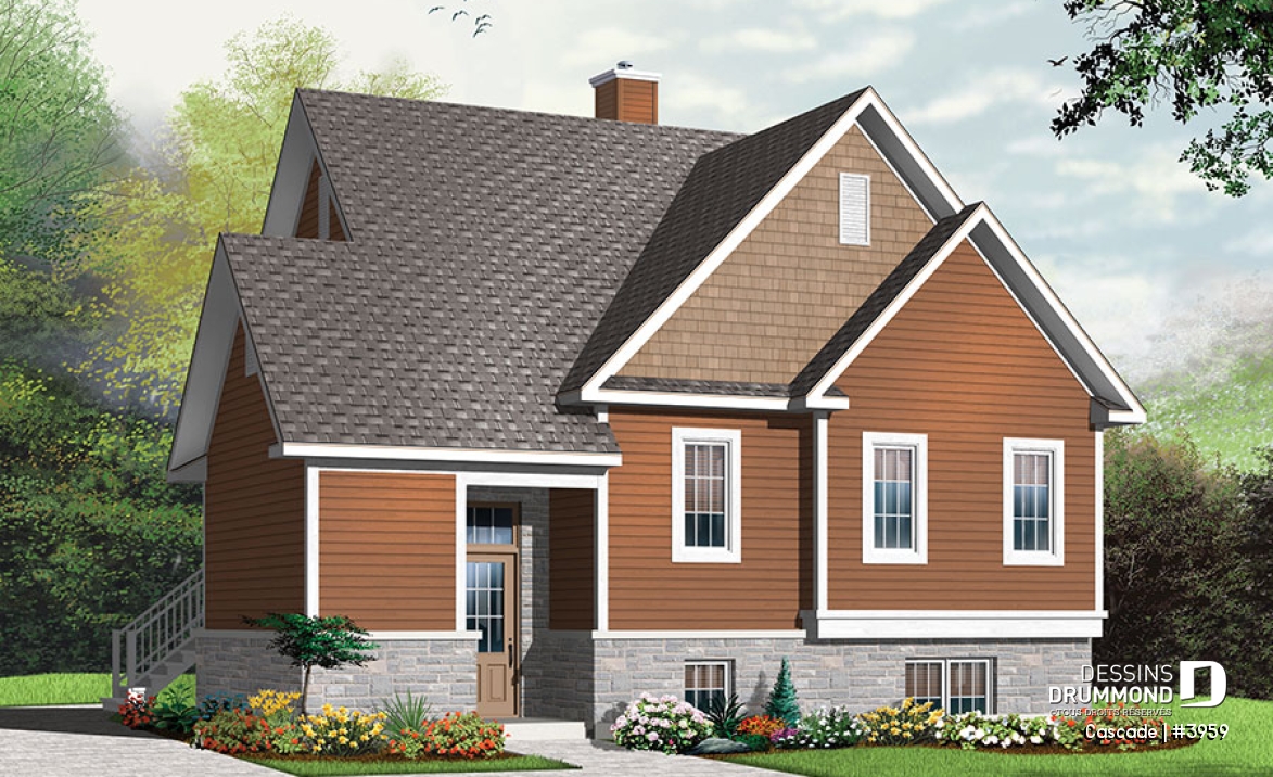 Vue avant - MODÈLE DE BASE - Plan de maison genre chalet de ski, 1 à 4 chambres, rangement, 2 salles familiales, foyer, abordable - Cascade