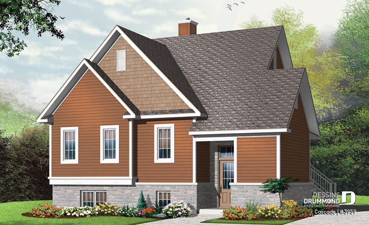 Vue avant - MODÈLE DE BASE - Plan de maison genre chalet de ski, 1 à 4 chambres, rangement, 2 salles familiales, foyer, abordable - Cascade