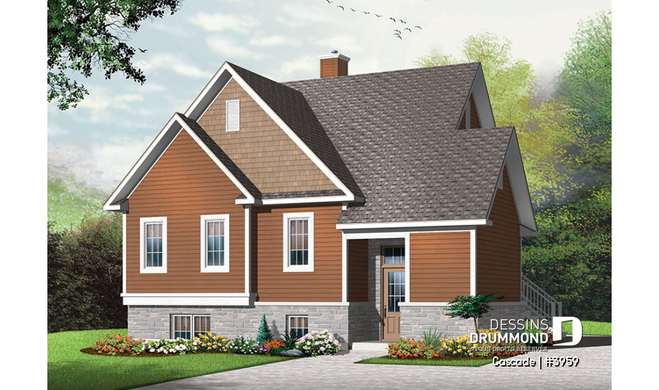 Vue avant - MODÈLE DE BASE - Plan de maison genre chalet de ski, 1 à 4 chambres, rangement, 2 salles familiales, foyer, abordable - Cascade