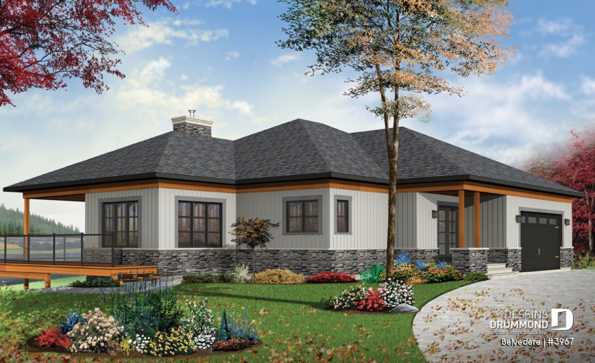 Vue avant - MODÈLE DE BASE - Plan de maison style chalet moderne rustique, 1 à 4 chambres, grande cuisine, vue panoramique, rez-de-jardin - Belvédère