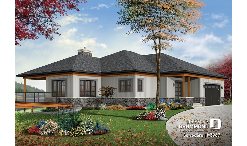 Vue avant - MODÈLE DE BASE - Plan de maison style chalet moderne rustique, 1 à 4 chambres, grande cuisine, vue panoramique, rez-de-jardin - Belvédère