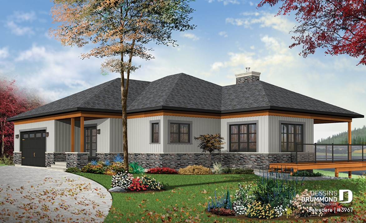 Vue avant - MODÈLE DE BASE - Plan de maison style chalet moderne rustique, 1 à 4 chambres, grande cuisine, vue panoramique, rez-de-jardin - Belvédère