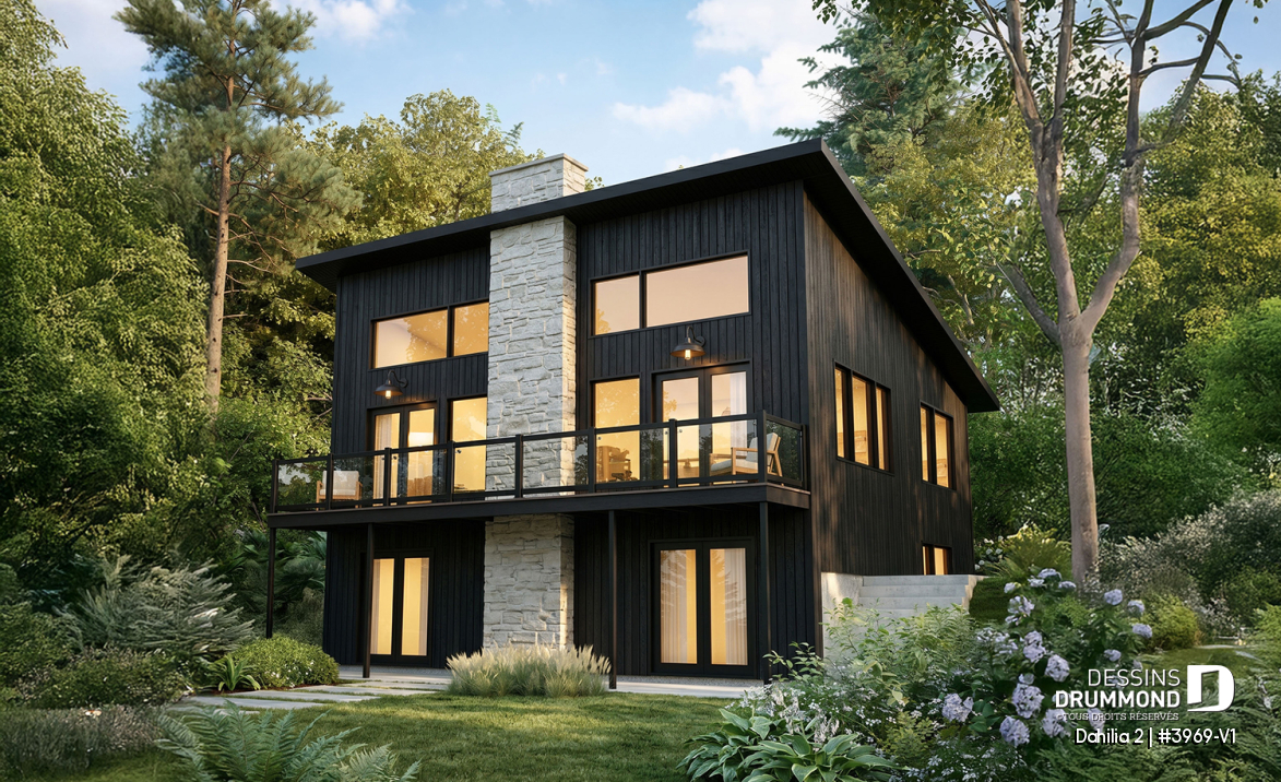 Vue arrière - MODÈLE DE BASE - Plan de chalet rustique avec rez-de-jardin, foyer STÛV et jusqu'à 4 chambres - Dahilia 2