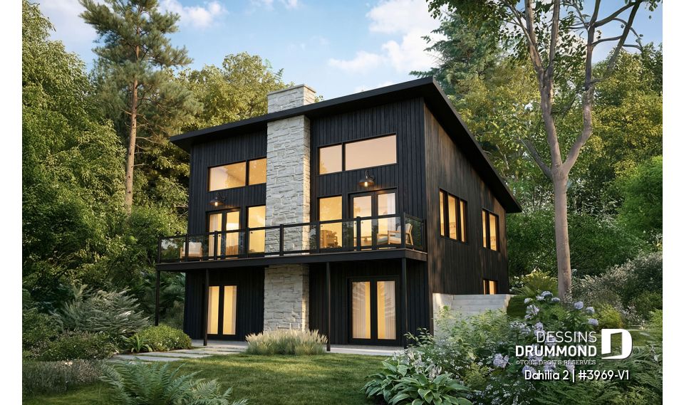 Vue arrière - MODÈLE DE BASE - Plan de chalet rustique avec rez-de-jardin, foyer STÛV et jusqu'à 4 chambres - Dahilia 2