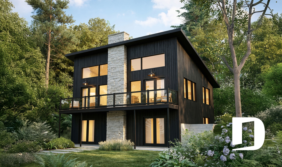 Vue arrière - MODÈLE DE BASE - Plan de chalet rustique avec rez-de-jardin, foyer STÛV et jusqu'à 4 chambres - Dahilia 2