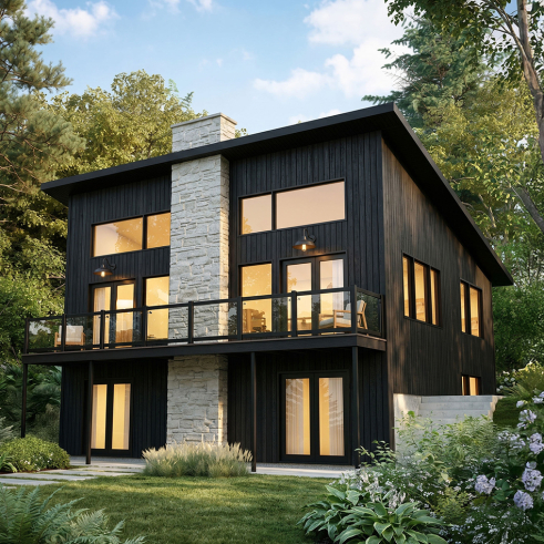 Vue arrière - MODÈLE DE BASE - Plan de chalet monopente rustique avec rez-de-jardin, foyer STÛV et jusqu'à 4 chambres - Dahilia 2