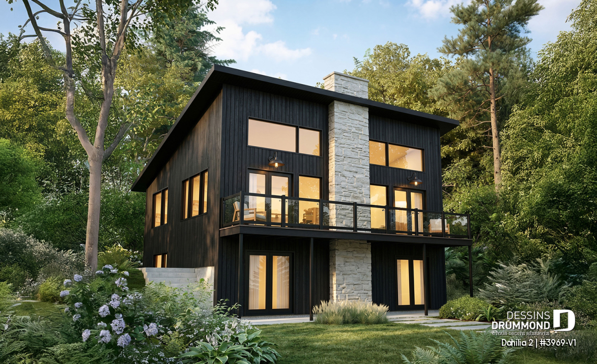 Vue arrière - MODÈLE DE BASE - Plan de chalet rustique avec rez-de-jardin, foyer STÛV et jusqu'à 4 chambres - Dahilia 2