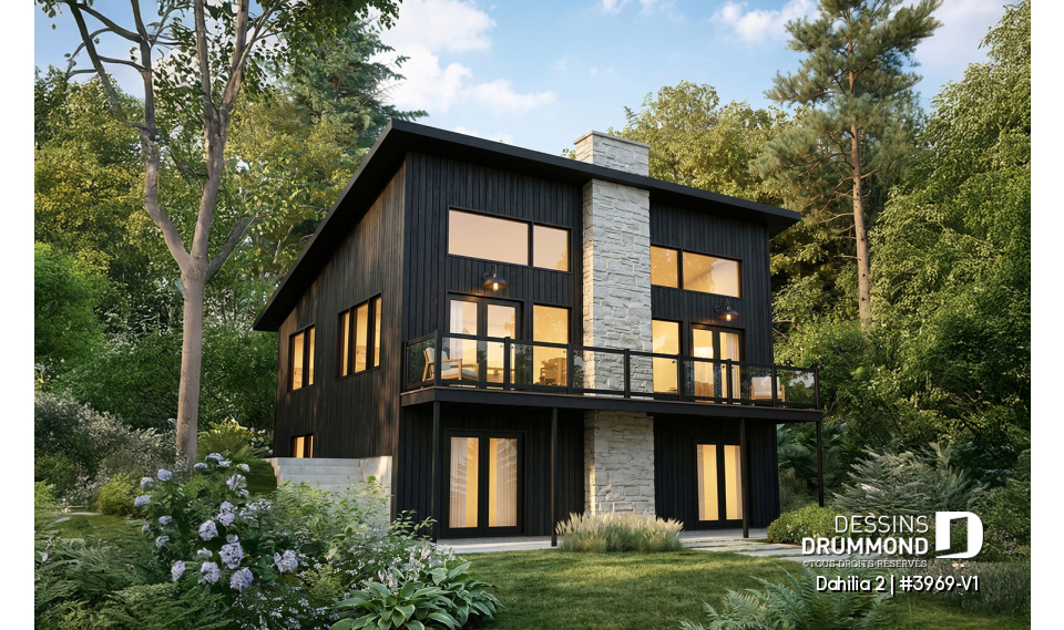 Vue arrière - MODÈLE DE BASE - Plan de chalet rustique avec rez-de-jardin, foyer STÛV et jusqu'à 4 chambres - Dahilia 2