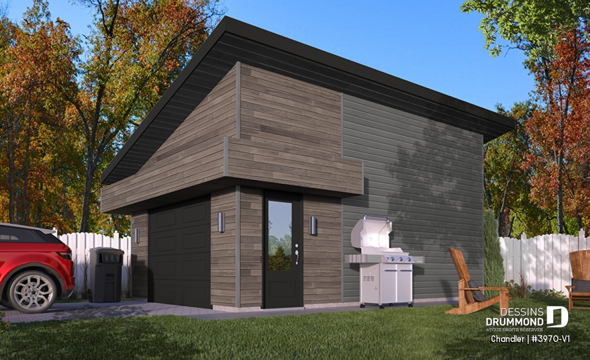 Vue avant - MODÈLE DE BASE - Plan de garage pour une auto, style convenant pour maison moderne, nordique et rustique, plafond 9' - Chandler