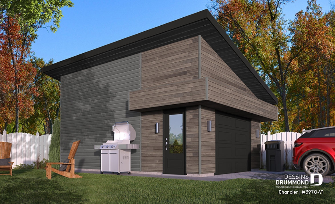 Vue avant - MODÈLE DE BASE - Plan de garage pour une auto, style convenant pour maison moderne, nordique et rustique, plafond 9' - Chandler