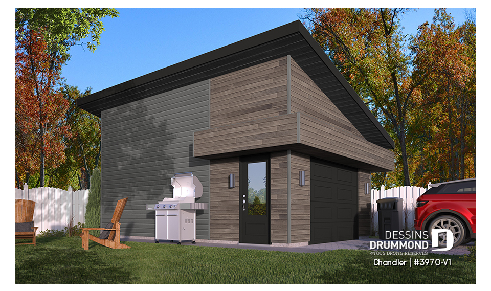 Vue avant - MODÈLE DE BASE - Plan de garage pour une auto, style convenant pour maison moderne, nordique et rustique, plafond 9' - Chandler