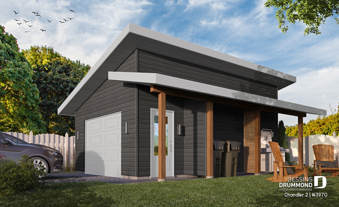 Vue avant - MODÈLE DE BASE - Plan de garage une voiture avec une portion abritée sur le côté, pour y installer le BBQ - Chandler 2