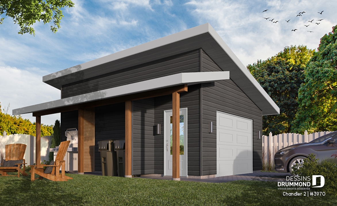 Vue avant - MODÈLE DE BASE - Plan de garage une voiture avec une portion abritée sur le côté, pour y installer le BBQ - Chandler 2