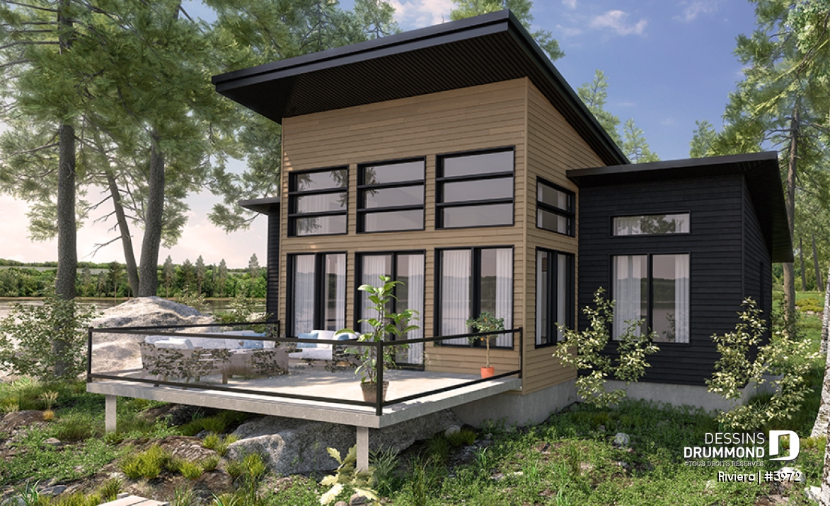 Vue arrière - MODÈLE DE BASE - Plan de petit chalet contemporain économique, aire ouverte, 2 chambres, plafond cathédral - Riviera
