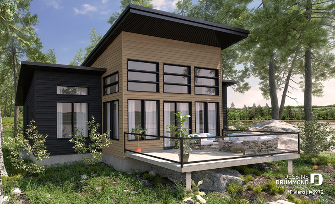 Vue arrière - MODÈLE DE BASE - Plan de petit chalet contemporain économique, aire ouverte, 2 chambres, plafond cathédral - Riviera