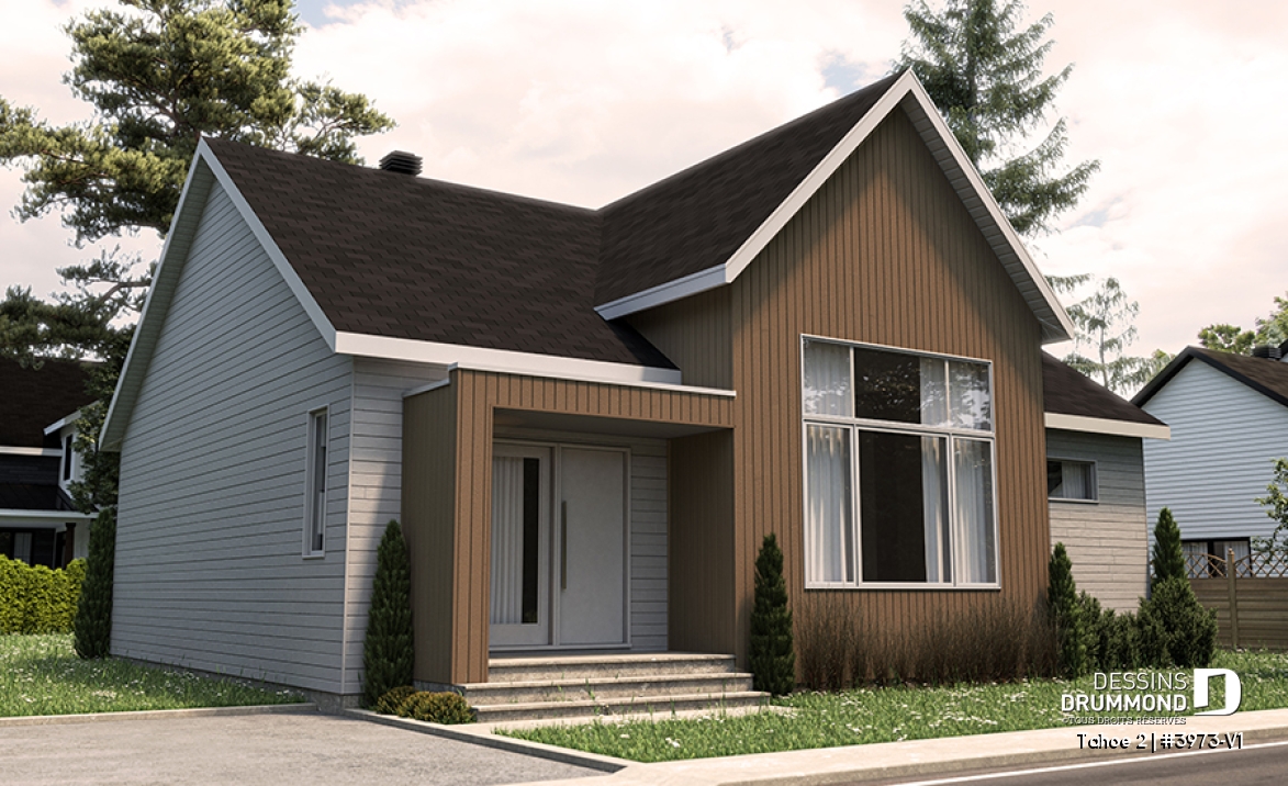 Vue avant - MODÈLE DE BASE - Plan de plain-pied scandinave, 2 chambres, grande cuisine, garde-manger, vestiaire et terrasse abritée - Tahoe 2