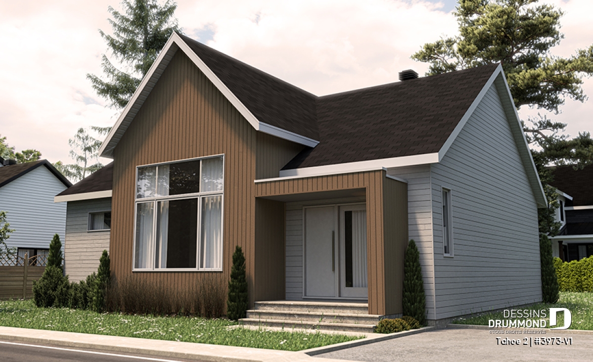 Vue avant - MODÈLE DE BASE - Plan de plain-pied scandinave, 2 chambres, grande cuisine, garde-manger, vestiaire et terrasse abritée - Tahoe 2