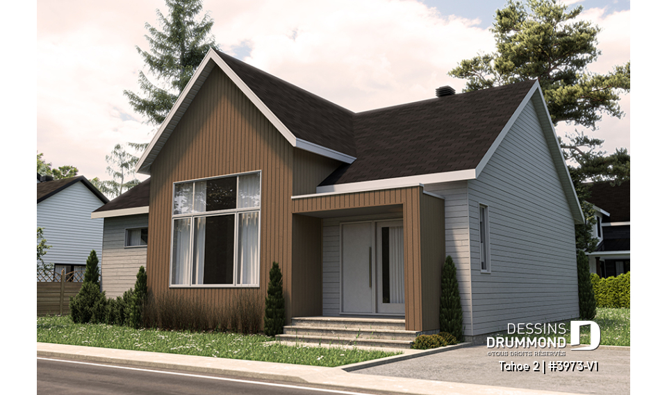 Vue avant - MODÈLE DE BASE - Plan de plain-pied scandinave, 2 chambres, grande cuisine, garde-manger, vestiaire et terrasse abritée - Tahoe 2