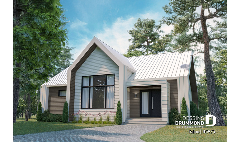 Version couleur no. 1 - Vue avant - Plan maison / chalet scandinave, cathédral, 2 chambres, immense cuisine, garde-manger et vue sur l'arrière - Tahoe