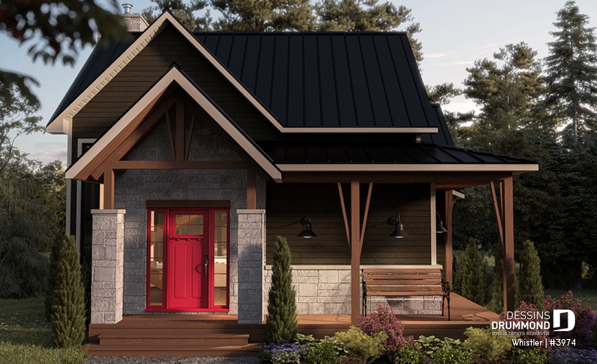 Vue avant - MODÈLE DE BASE - Maison genre chalet avec loft à l'étage, 3 chambres au total, 2 salles familiales - Whistler