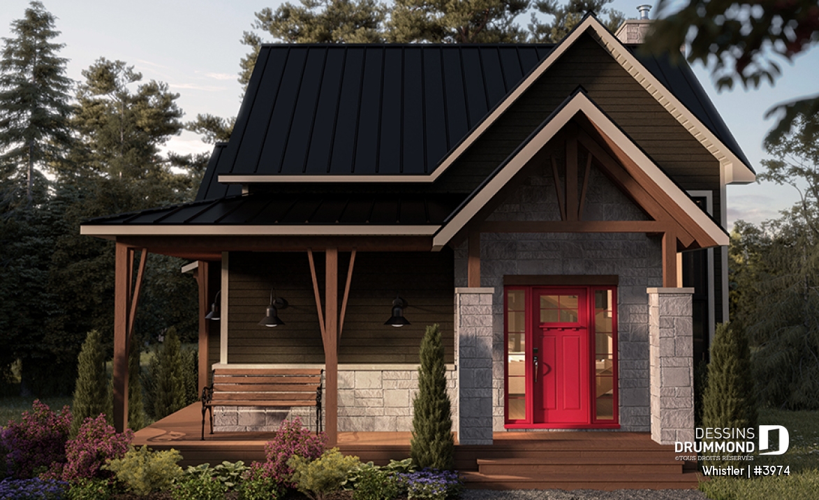 Vue avant - MODÈLE DE BASE - Maison genre chalet avec loft à l'étage, 3 chambres au total, 2 salles familiales - Whistler
