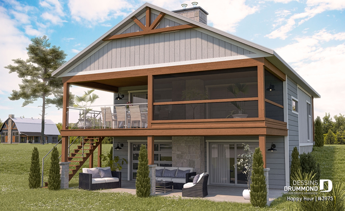 Vue arrière - MODÈLE DE BASE - Modèle de chalet contemporain, plafond cathédrale, rez-de-jardin aménagé, foyers, terrasses couvertes et esp - Happy Hour